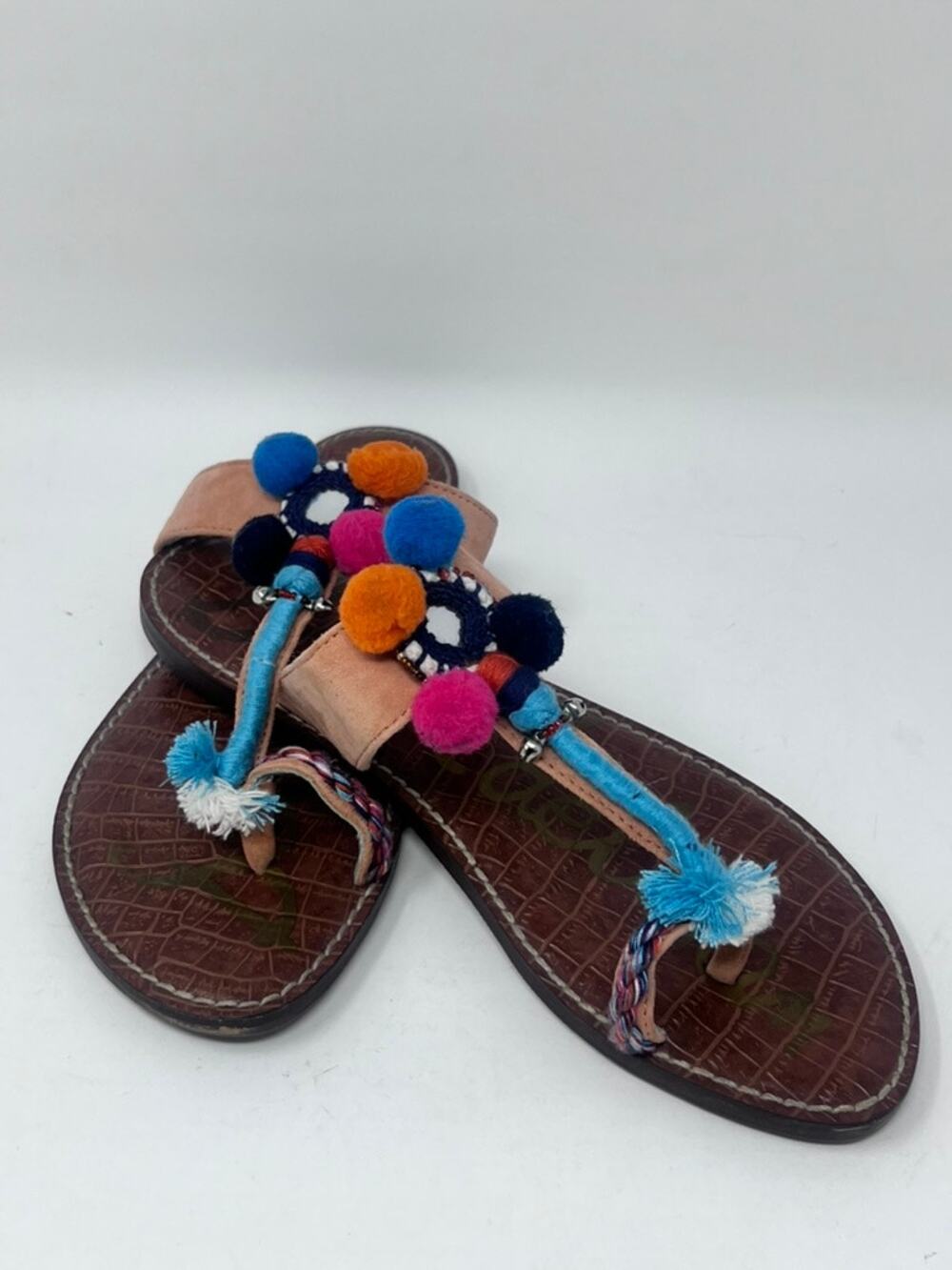 Sam Edelman Gemina Papaya Punch Pom Pom Sandals Womens Size 9 Boho Suede
